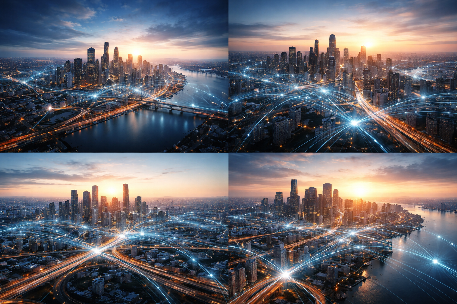 City infrastructure network at sunset