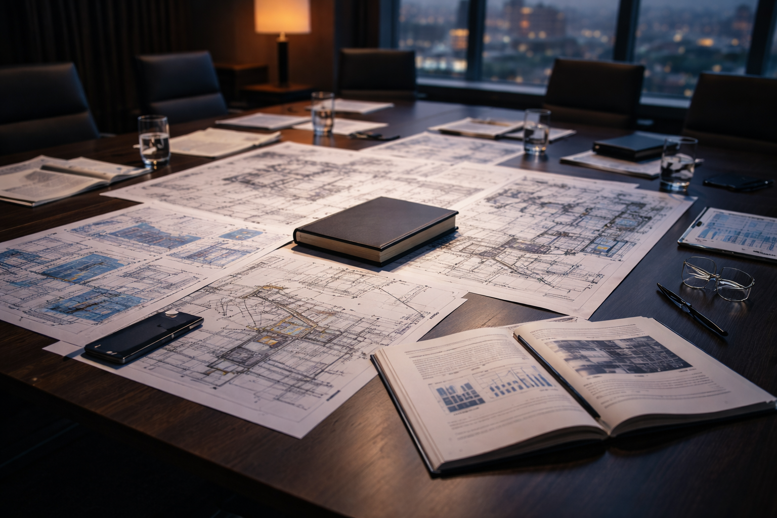 Boardroom with blueprints and planning documents